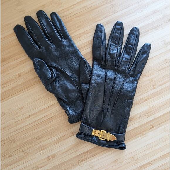 Miu Miu Black Leather 100% Lambskin Gold Buckle Strap Italy Logo Gloves - Picture 1 of 7